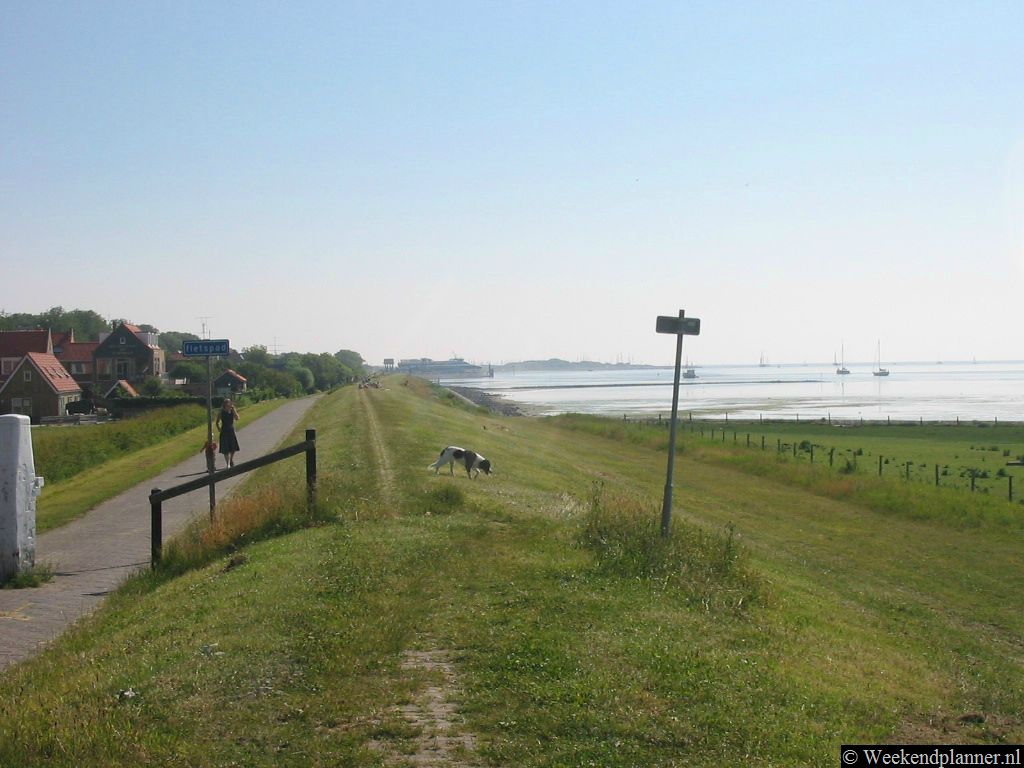 In het dorp Oost-Vlieland loopt een fietspad langs de zeedijk. Je kunt wandelen op de dijk. In de Dorpsstraat lopen er enkele stegen tussen de huizen door naar de dijk.