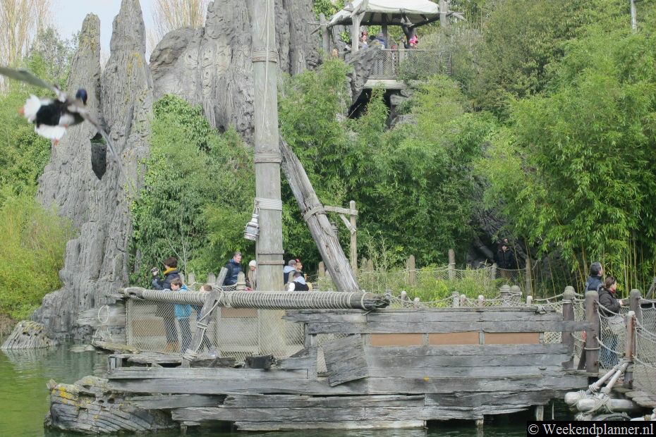 Hier zie je het boomhuis van de familie Robinson. Via touwladders en loopbruggen kun je de boom in en het huis verkennen.Tips: Disneyland Parijs.