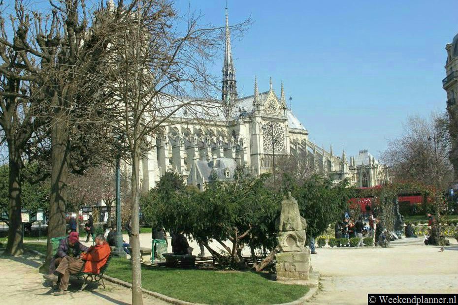 Dit is het parkje Square René Viviani in Quartier Latin. Koop ergens een broodje en eet het hier op. Je hebt uitzicht op de Notre Dame en er is gratis WIFI.Tip: De tien leukste attracties in Parijs..